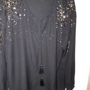Love and Legend Blouse w/ Sequins on Shoulders  Drawstring Gathered Neckline